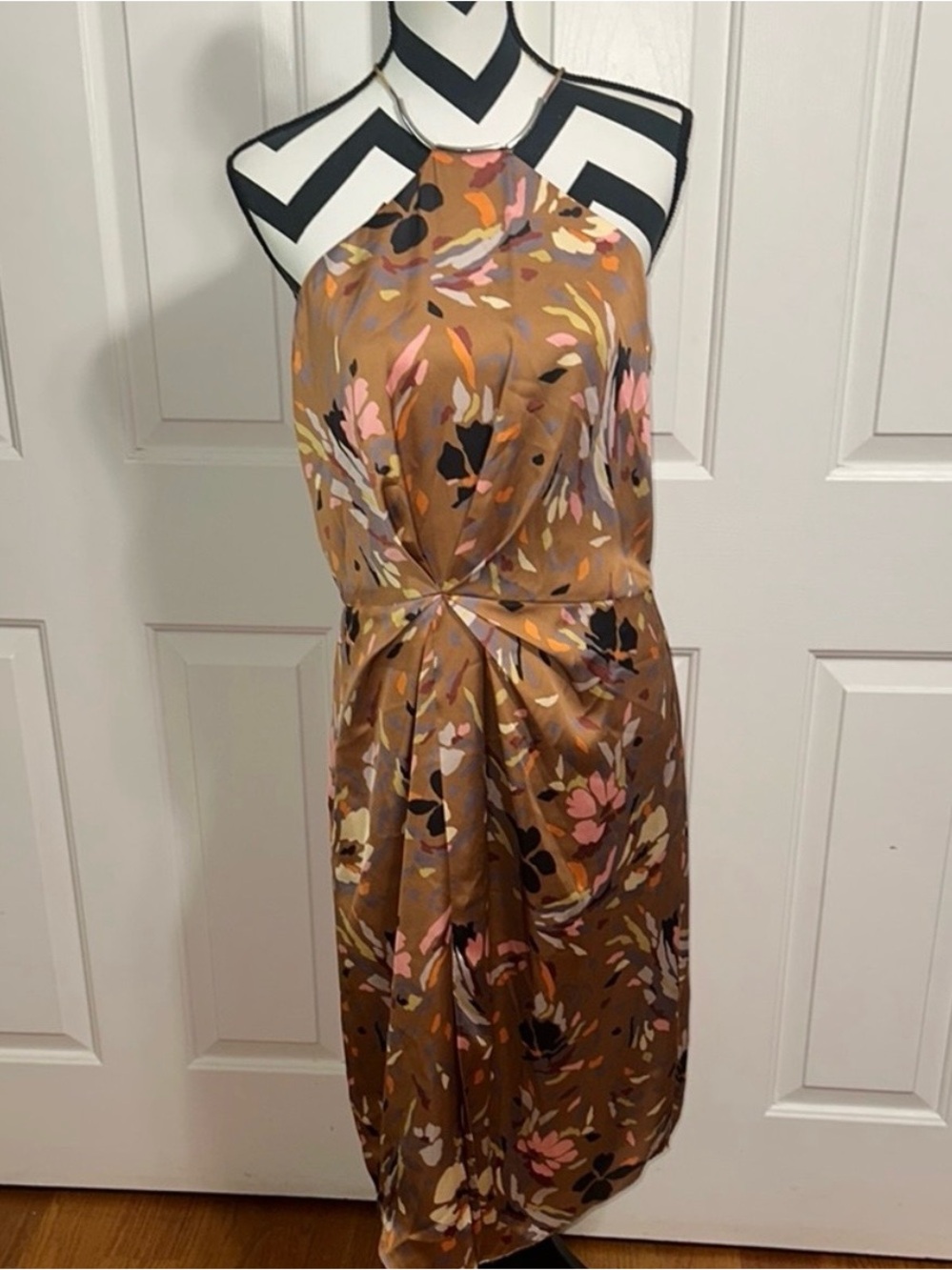 Reiss Brown Floral Halter Midi Dress with Pink Accents